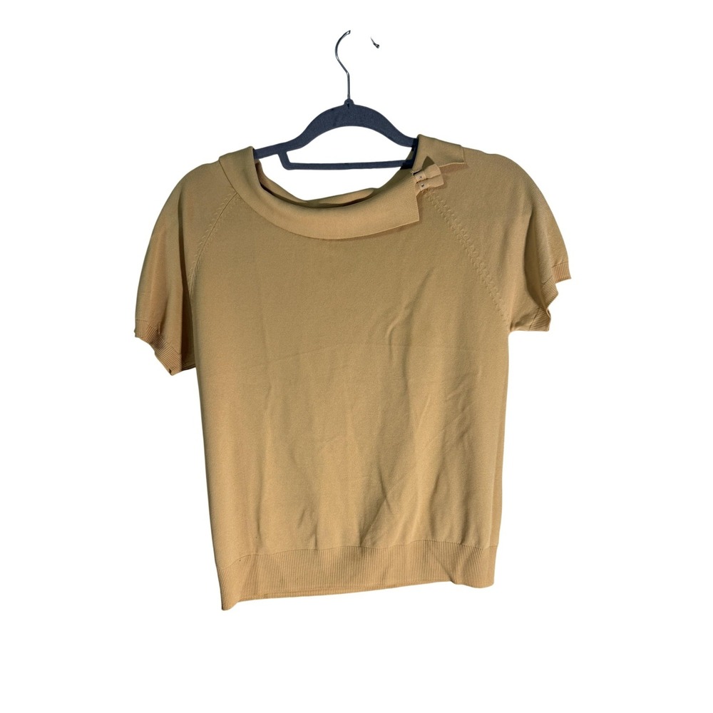 Mustard Yellow‎ Wool Cotton Blend Short Sleeve Bow Accent Knit Sweater Top